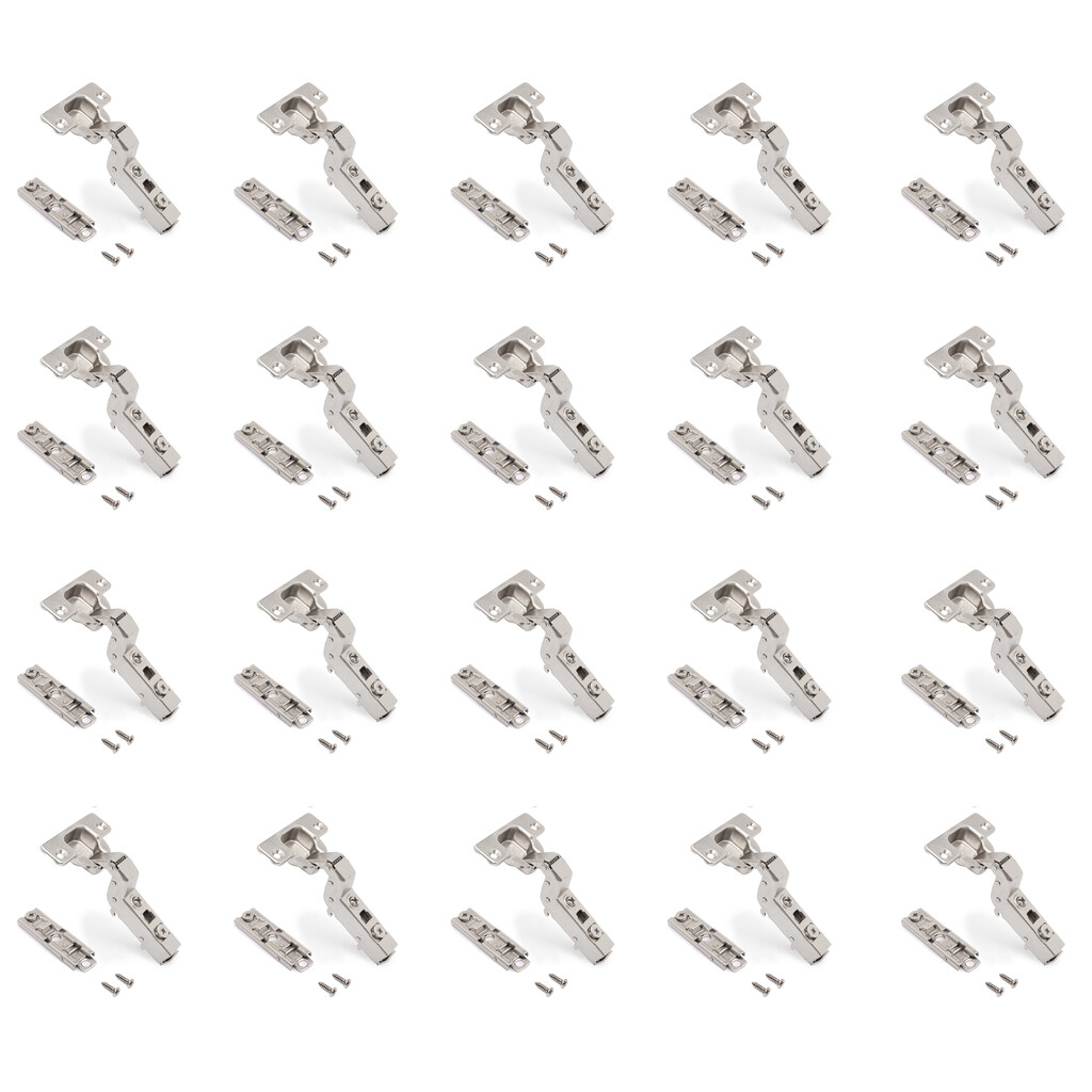 Lot of 20 X91 inset hinges with soft closing and Screw-on staright plates, Height 1, Steel, Nickel plated-Primary