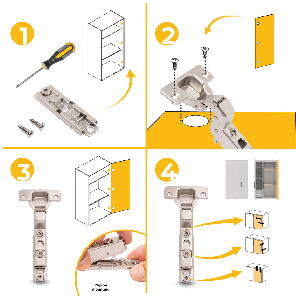 Lot of 20 X91 inset hinges with soft closing and Screw-on staright plates, Height 1, Steel, Nickel plated-10