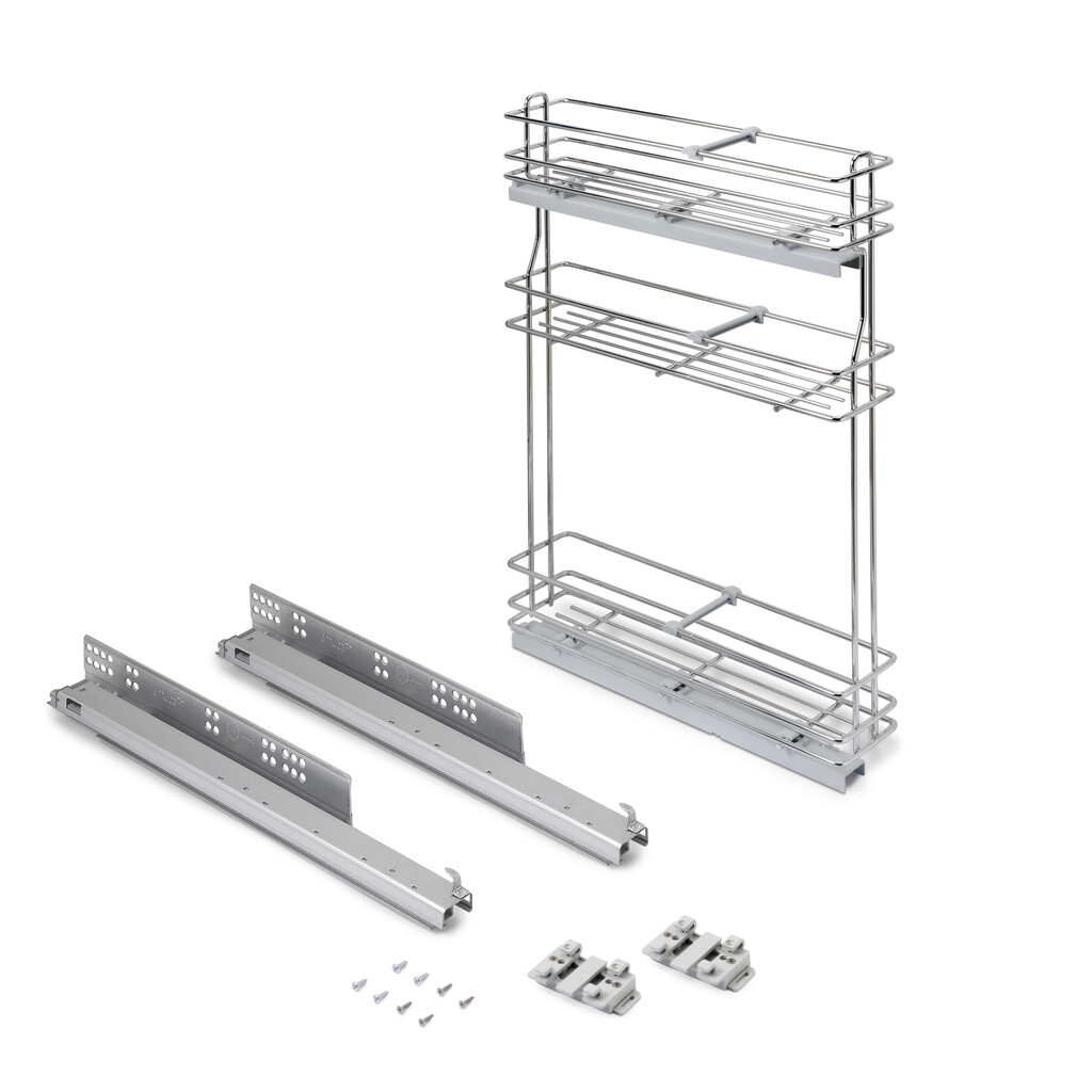 SupraMax extractable bottle rack with soft closing, left side, 3 trays, module 150mm, Steel, Chrome plated-Primary