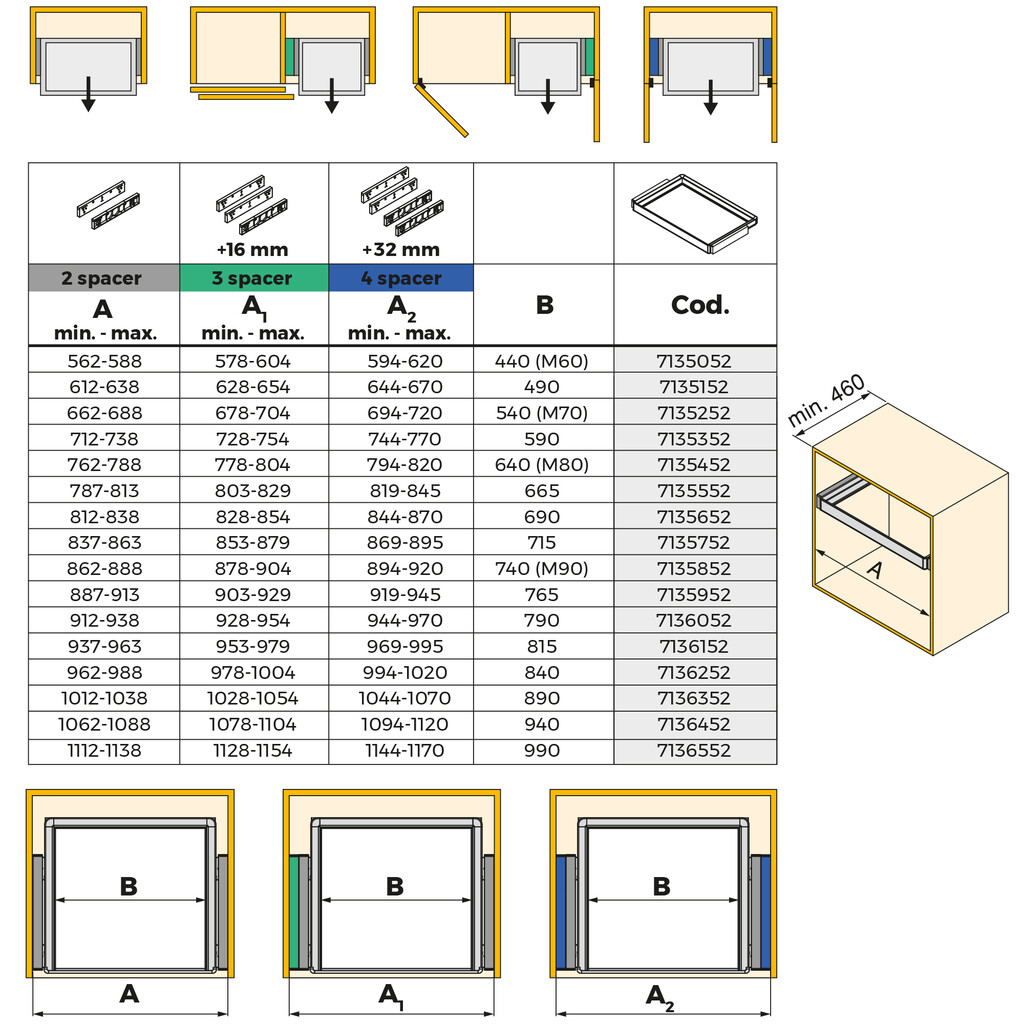 Telaio con guide a estrazione totale e chiusura morbida per accessori per armadi Quartz, 562-588mm, Alluminio e plastica, Titanio-3
