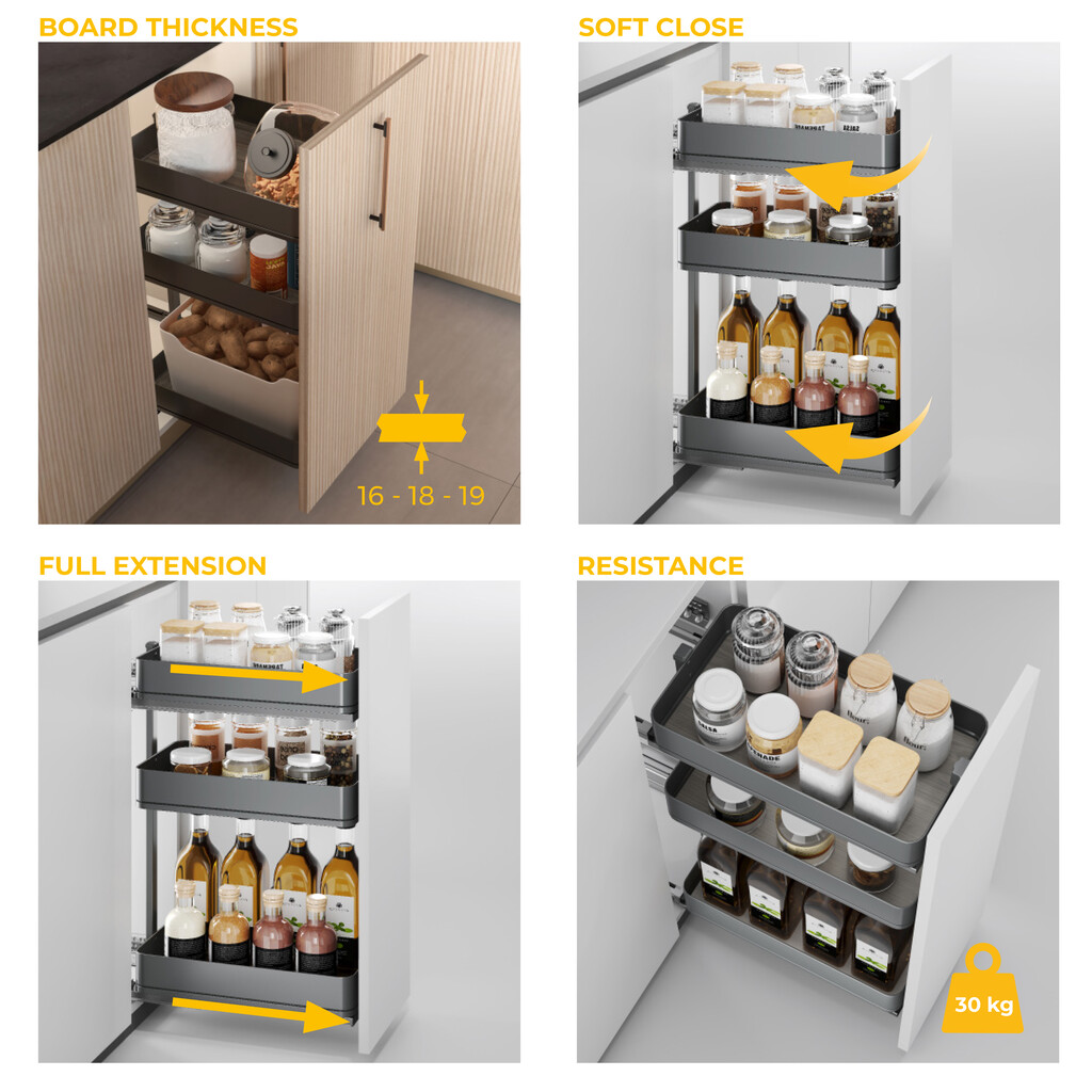 Harmony pull-out trolley with soft close, Module width 300mm height 800mm, Steel and Wood, Anthracite grey-7