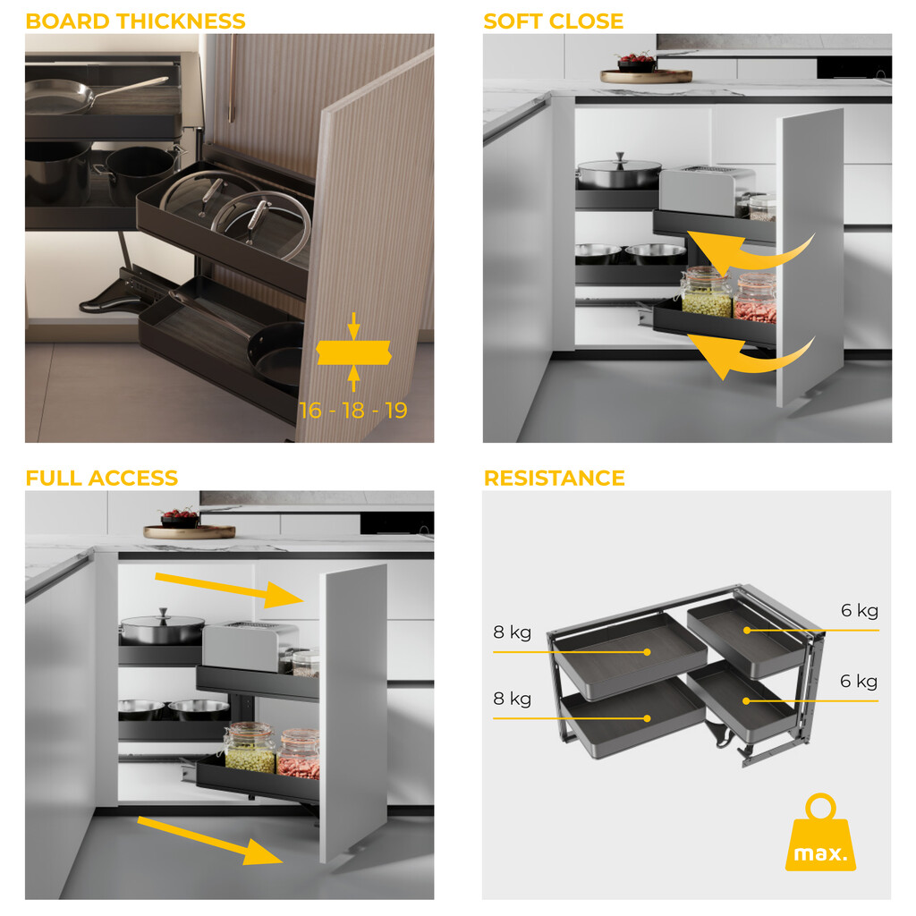 Harmony pull out corner module for kitchen furnitures, Right, Steel and Wood, Anthracite grey-8
