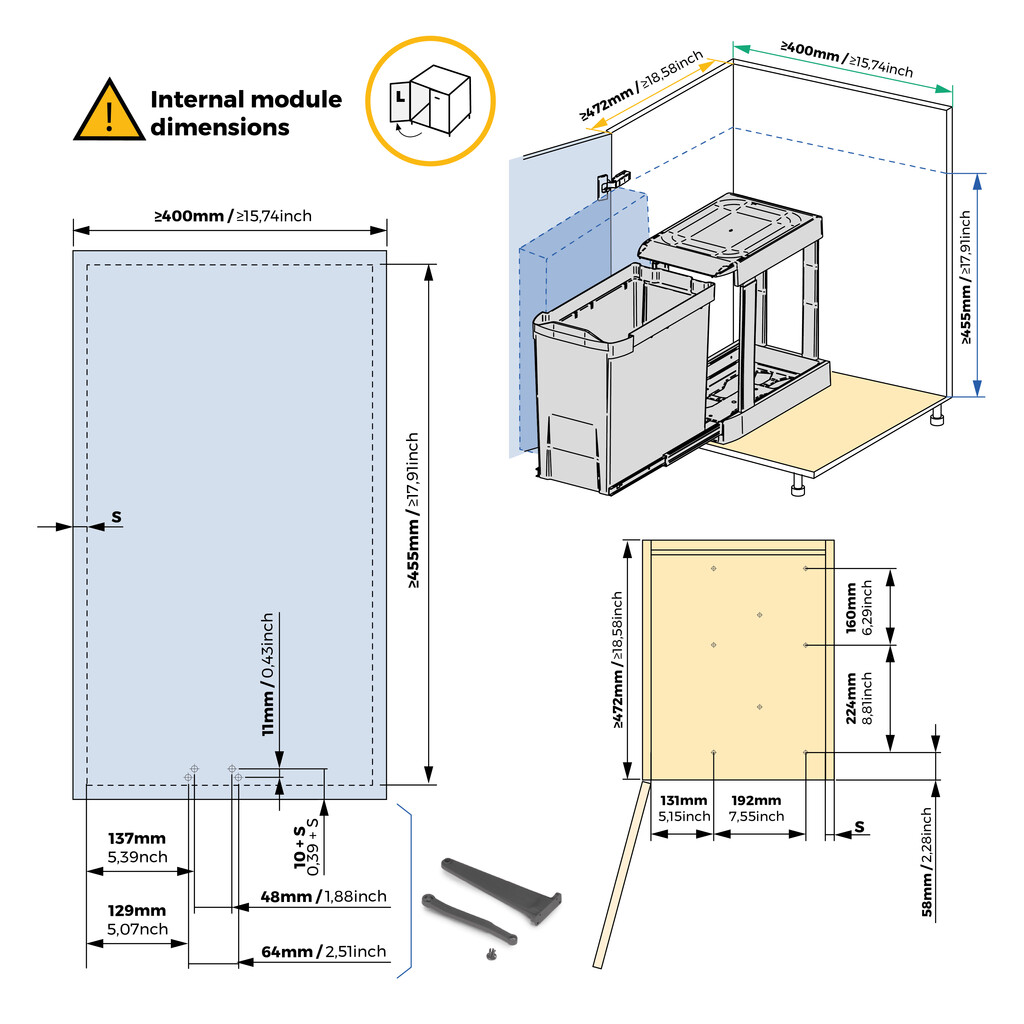 Baldes do lixo de reciclagem para cozinha, 1 x 30L, fixação inferior e extração automática, Aço e Plástico, Gris antracite-3