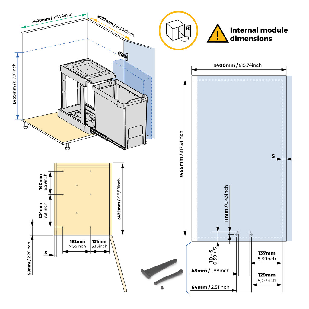 Baldes do lixo de reciclagem para cozinha, 1 x 30L, fixação inferior e extração automática, Aço e Plástico, Gris antracite-5