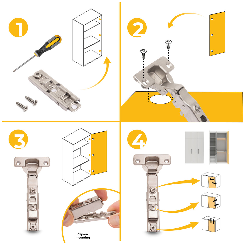 Lote de 20 dobradiças reta X91 com fecho suave e Calço recto para aparafusar, Altura 1, Aço, Niquelado-10