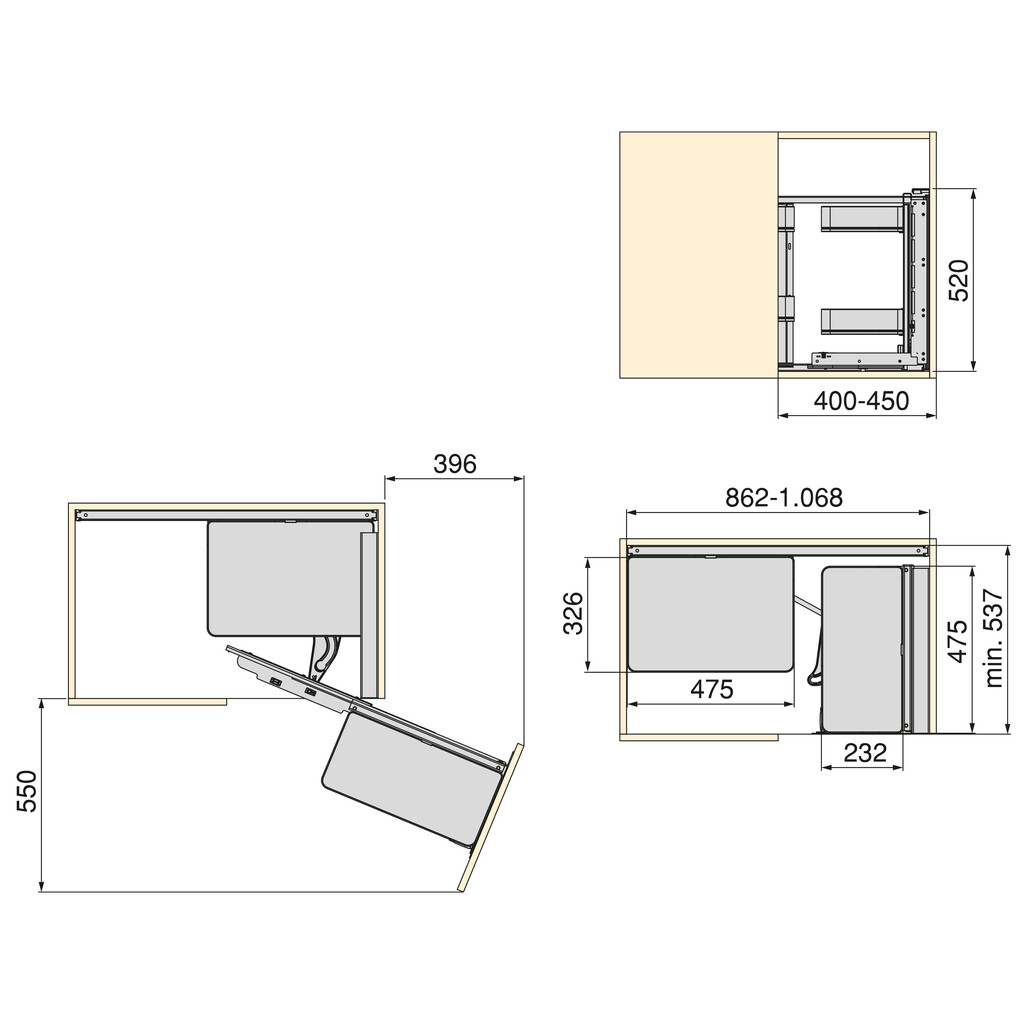 Harmony pull out corner module for kitchen furnitures, Right, Steel and Wood, Anthracite grey-1