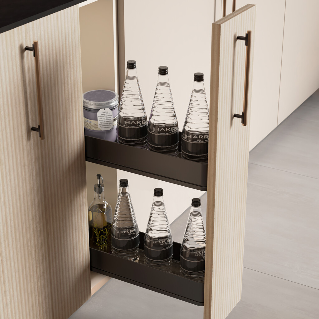 Harmony pull out bottle rack with soft close, Module width 200mm height 700mm, Steel and Wood, Anthracite grey-4