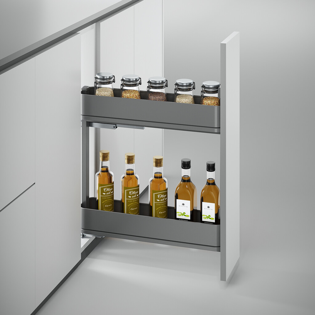 Harmony pull out bottle rack with soft close, Module width 200mm height 700mm, Steel and Wood, Anthracite grey-5