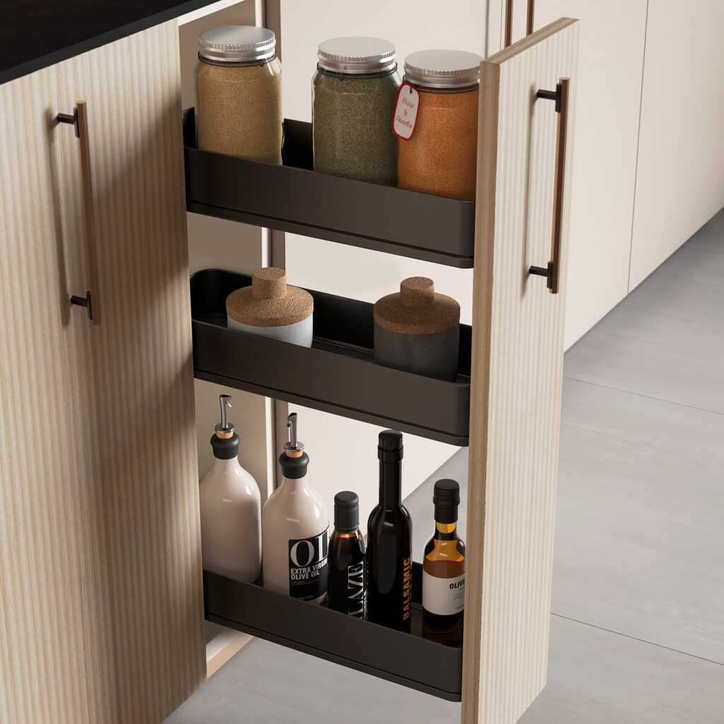 Harmony pull out bottle rack with soft close, Module width 150mm height 800mm, Steel and Wood, Anthracite grey-4