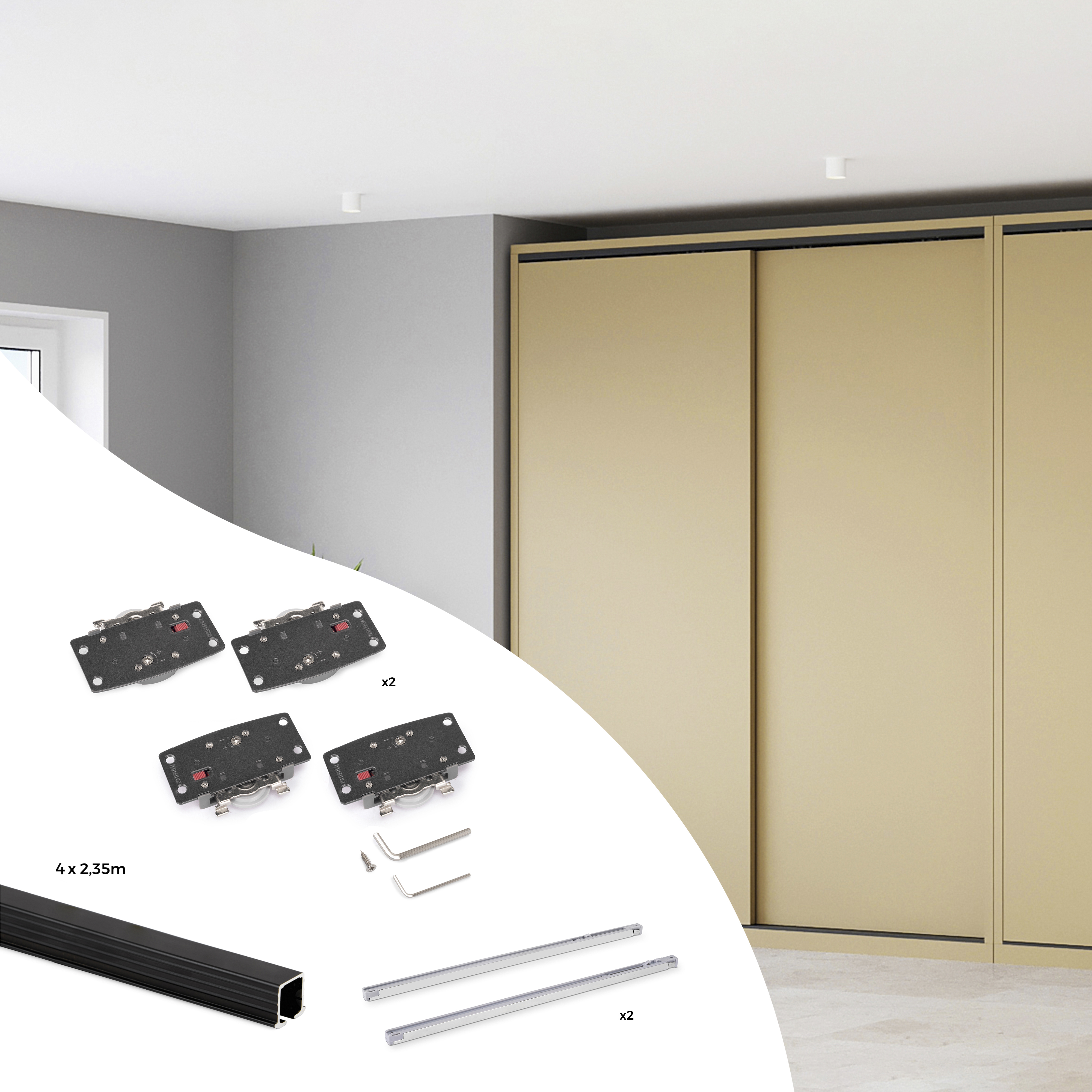 Sistema Flow 2 in formato kit per armadio a 2 ante scorrevoli in legno supportate con chiusura ammortizzata