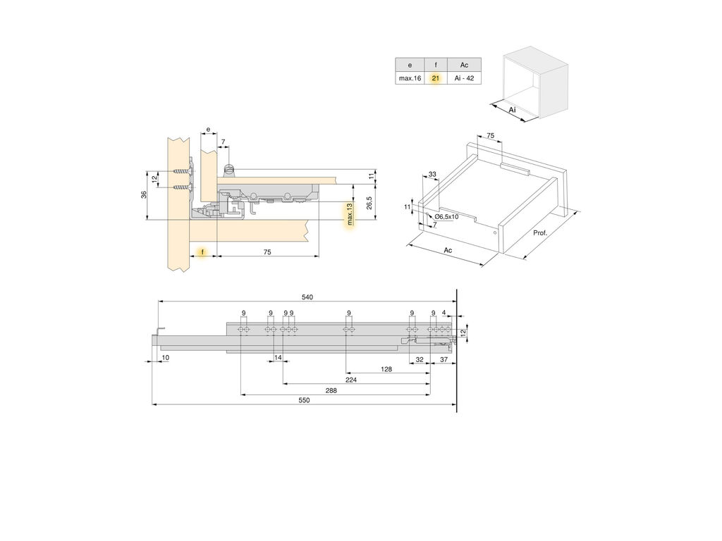 Satz von 10 Unterflurführungenset Silver, Vollauszug, mit Schließautomatik und Halterung, Tiefe 540mm, Stahl, Verzinkt-1