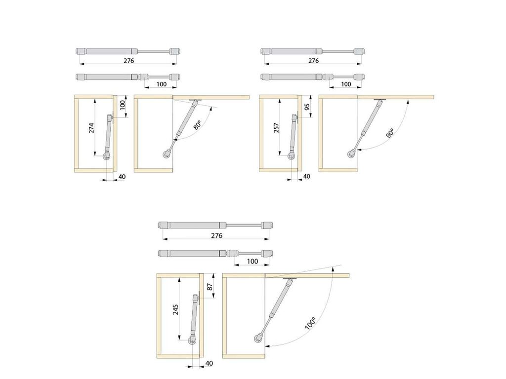 Lote de 10 pistones para puertas elevables H, 5kg, recorrido 100mm, con enganches, Acero y Plástico, Gris metalizado-1