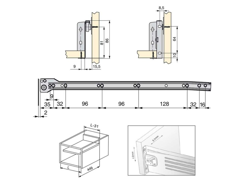 Lote de 10 cajones de cocina Ultrabox, altura 86mm, profundidad 450mm, Acero, Gris metalizado-1