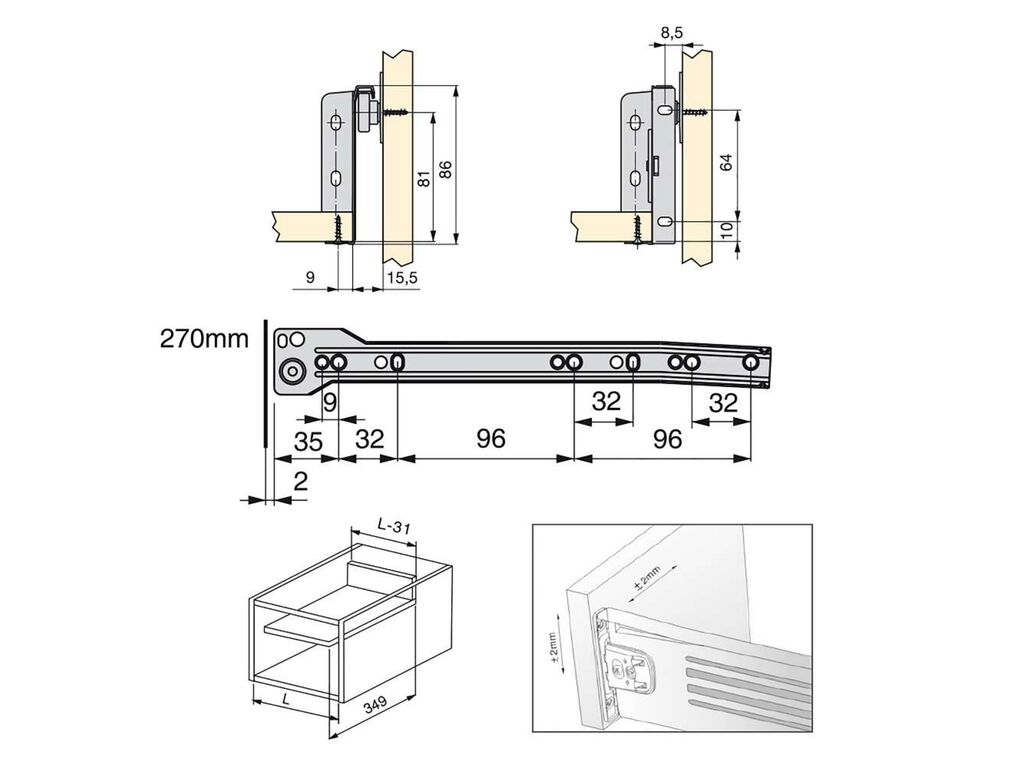 10er Satz Küchenschubladen Ultrabox, Höhe 86mm, Tiefe 270mm, Stahl, Metallic Grau-1