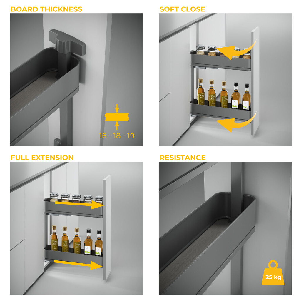 Harmony pull out bottle rack with soft close, Module width 200mm height 700mm, Steel and Wood, Anthracite grey-8