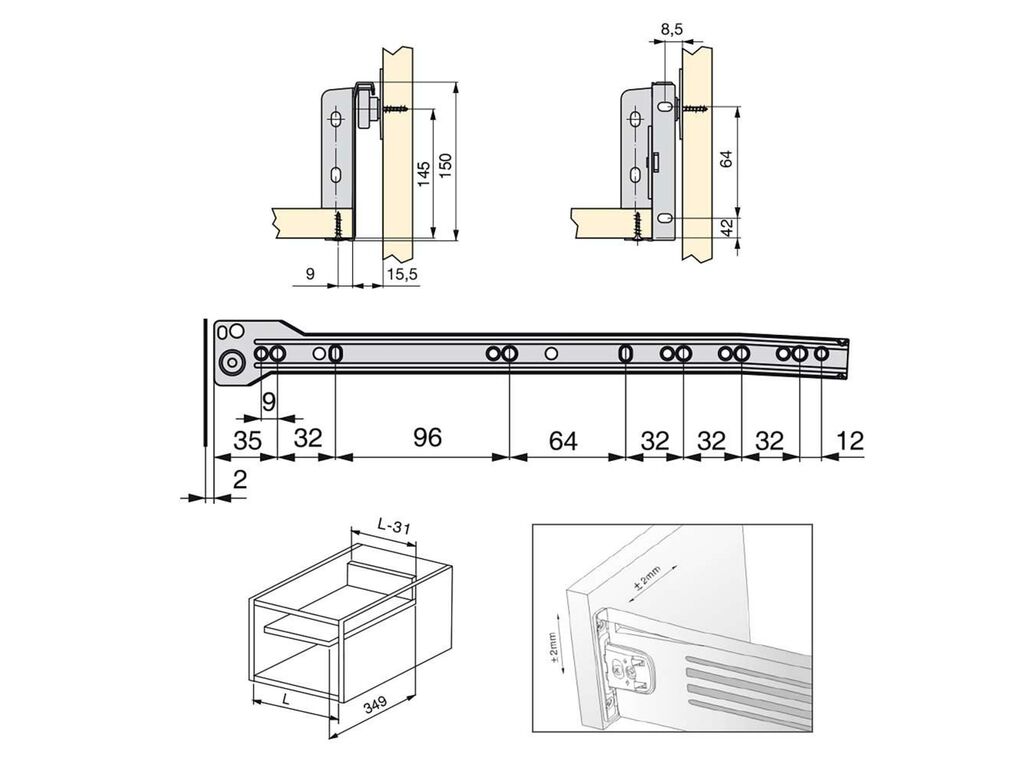 Lote de 10 cajones de cocina Ultrabox, altura 150mm, profundidad 350mm, Acero, Gris metalizado-1