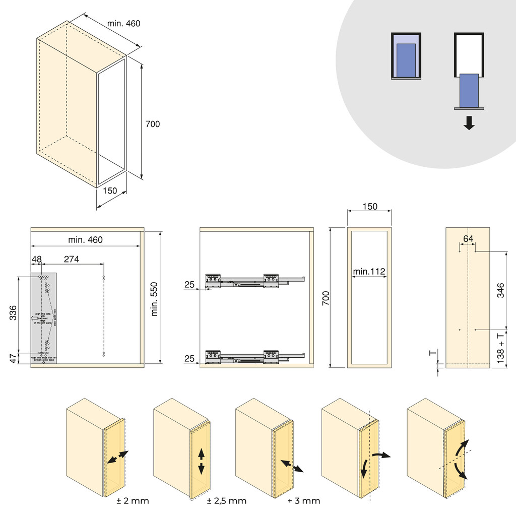 Harmony uitneembare zijflessenrek met softclose, module breedte 150mm hoogte 700mm, Staal en Hout, Antracietgrijs-3