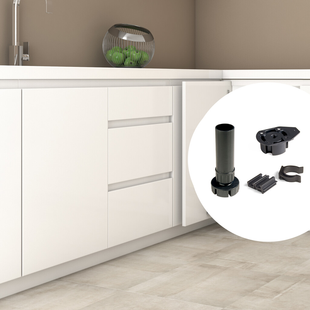 Kit de pies niveladores para mueble Bone, con base de fijación, altura 150 mm, regulable 148-190mm, Plástico, Negro-3