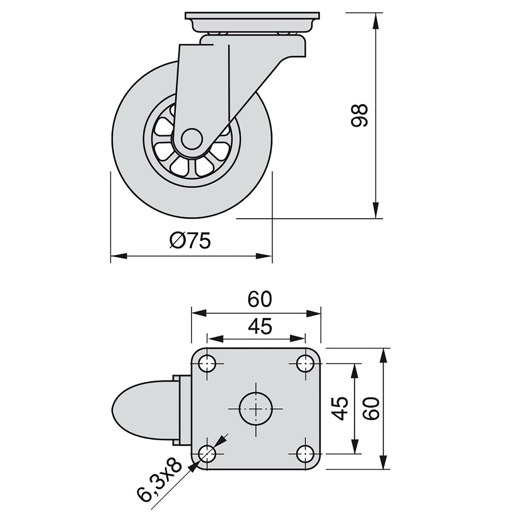 Lote de 4 ruedas Slip transparentes con placa de montaje, diámetro 75mm, Acero y Plástico-1