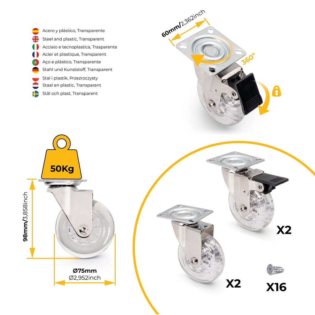 Lote de 4 ruedas Slip transparentes con placa de montaje, diámetro 75mm, Acero y Plástico-5