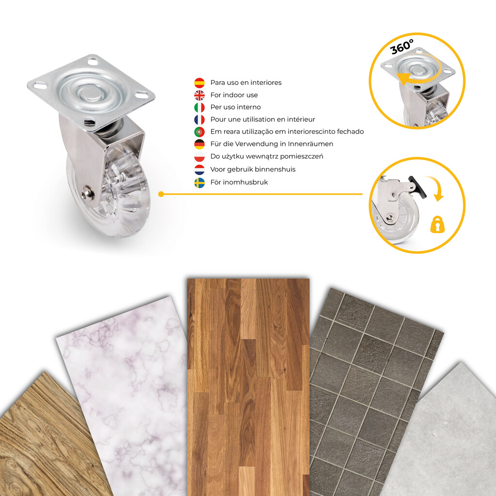 Lote de 4 ruedas Slip transparentes con placa de montaje, diámetro 75mm, Acero y Plástico-7