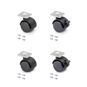Lot of 4 castors for drawer units with plate, 2 with brake + 2 without brake, Steel and Plastic, Black Plastic product photo