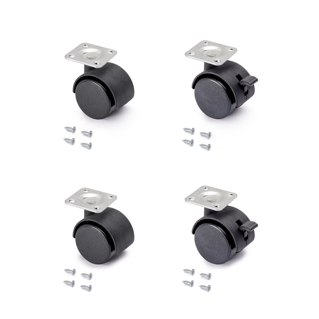 Lot von 4 Rollen für Schubladenschrank mit Montageplatte, 2 mit Bremse + 2 ohne Bremse, Stahl und Kunststoff, Schwarzer Kunststoff-Primary