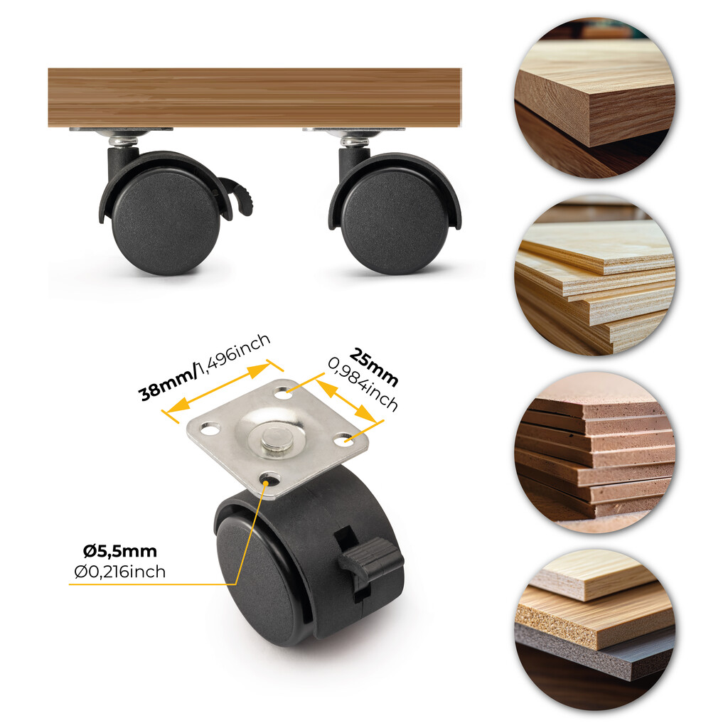 Lot von 4 Rollen für Schubladenschrank mit Montageplatte, 2 mit Bremse + 2 ohne Bremse, Stahl und Kunststoff, Schwarzer Kunststoff-6