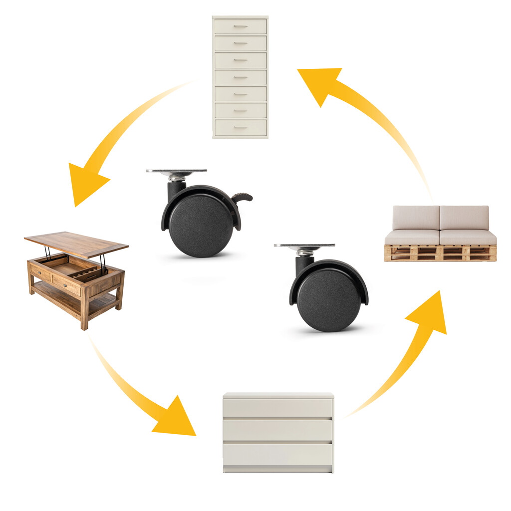 Lot von 4 Rollen für Schubladenschrank mit Montageplatte, 2 mit Bremse + 2 ohne Bremse, Stahl und Kunststoff, Schwarzer Kunststoff-7