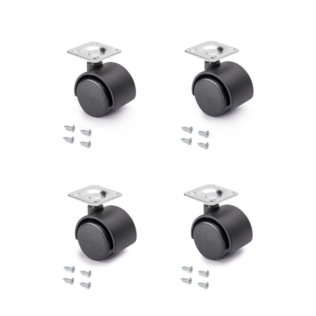 Lot of 4 castors for drawer units with plate, 4 without brake, Steel and Plastic, Black Plastic-Primary
