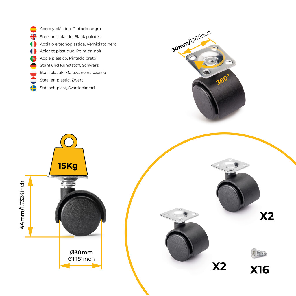 Lot of 4 castors for drawer units with plate, 4 without brake, Steel and Plastic, Black Plastic-4