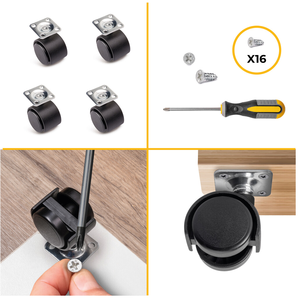 Lot of 4 castors for drawer units with plate, 4 without brake, Steel and Plastic, Black Plastic-5