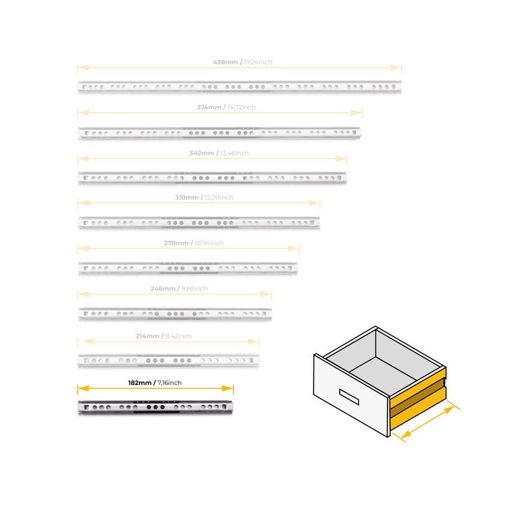 5er Satz Kugelführungen, Höhe 17mm, Tiefe 182mm, TeilVollauszug, Verzinkt-7