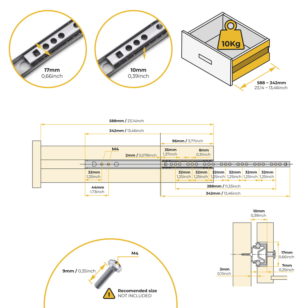 Lote de 5 juegos de guías para cajones, de bolas, altura 17mm, profundidad 342mm, extracción parcial, Cincado-3