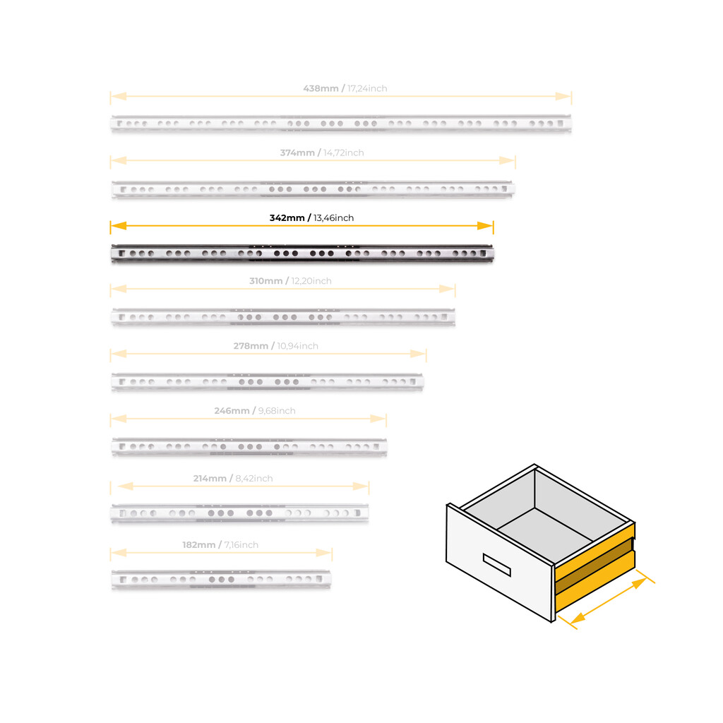 Lote de 5 juegos de guías para cajones, de bolas, altura 17mm, profundidad 342mm, extracción parcial, Cincado-8