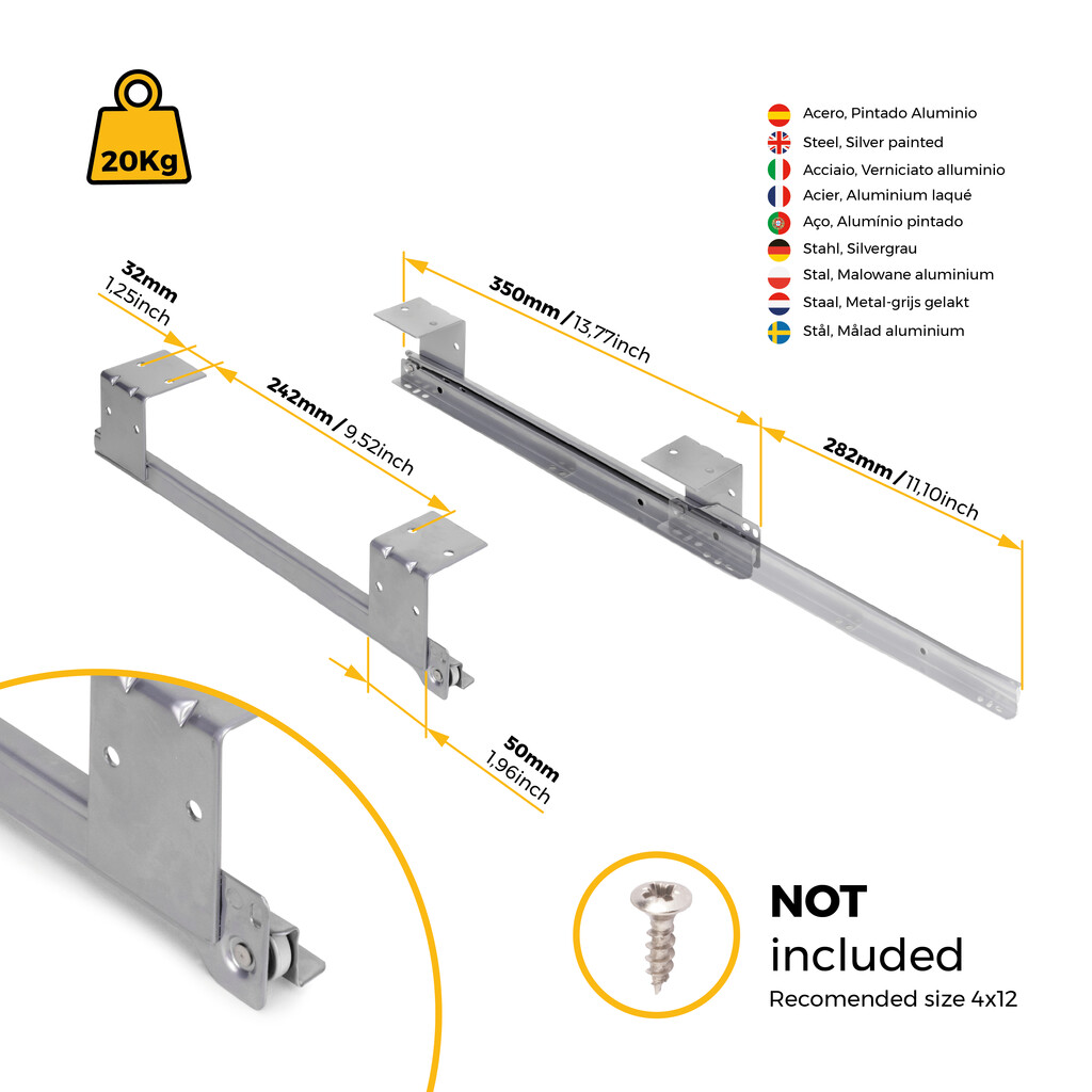 Set di guide porta tastiera con ruote in accaio, Acciaio, Verniciato alluminio-10