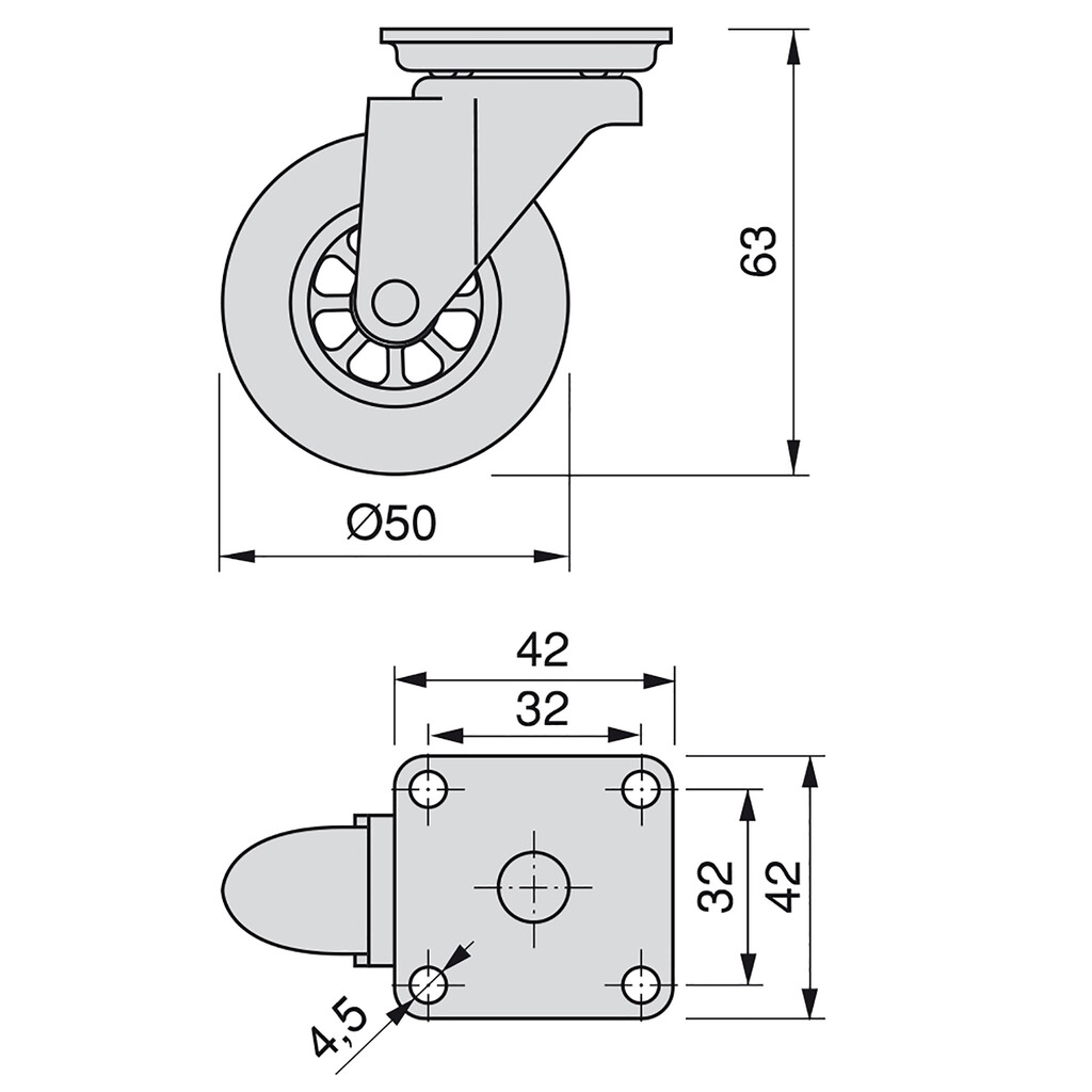 Lot of 4 castors Slip, transparent, with mounting plate, diameter 50mm, Steel and Plastic-1