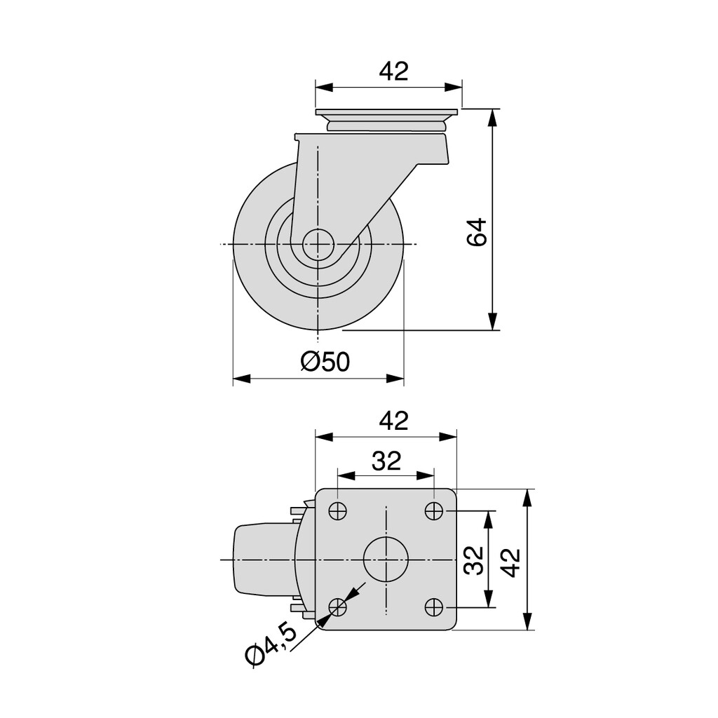 Lot von 4 Rollen Slip mit Montageplatte, Durchmesser 50mm, Stahl und Kunststoff, Grau-1