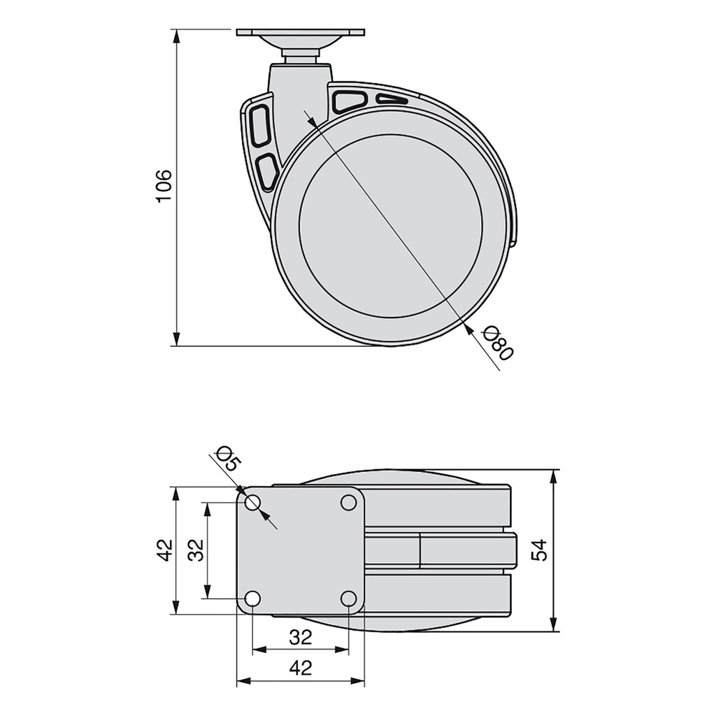 Lote de 4 rodas Mak com placa de montagem, diâmetro 80mm, Aço e plástico, Cinza plástico-1