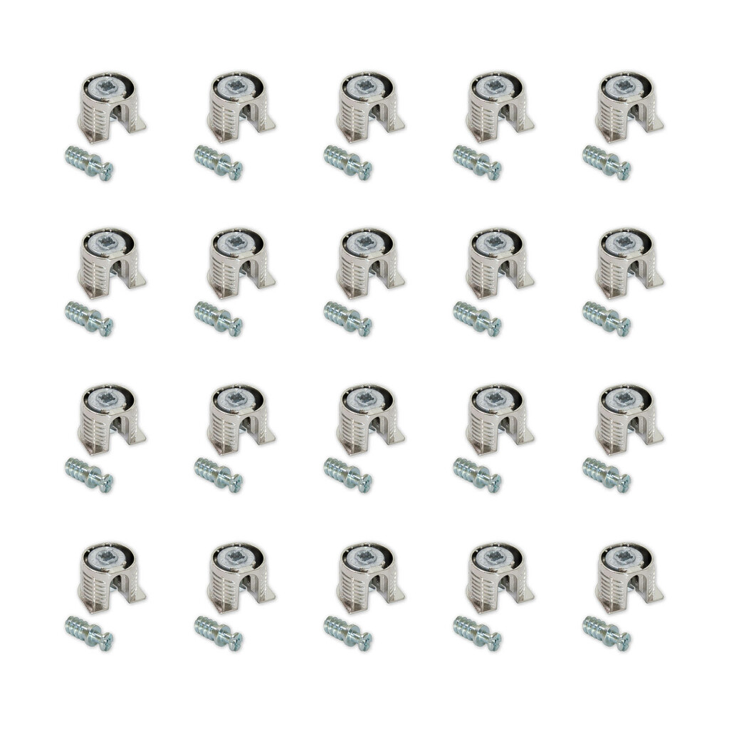 Satz von 20 Haken und Bolzen für Regalbefestigung, Haken Durchmesser 20mm, 12.5mm, Bolzen Durchmesser 6mm, 11mm, Zamak und Stahl, Vernickelt-Primary