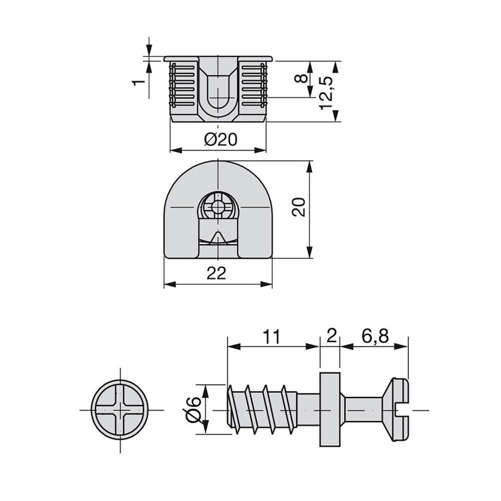 Satz von 20 Haken und Bolzen für Regalbefestigung, Haken Durchmesser 20mm, 12.5mm, Bolzen Durchmesser 6mm, 11mm, Zamak und Stahl, Vernickelt-1