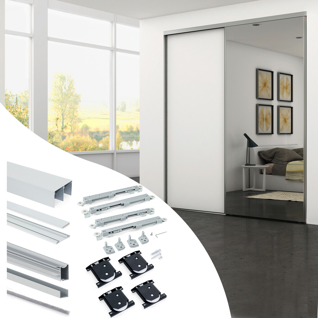 Set aus Hardware set für Placard 81 2-schiebig und sanft Schliessend Kleiderschrank, Wave Profil, Dicke 18mm, Paneele nicht inbegriffen, Matt eloxiert-Primary