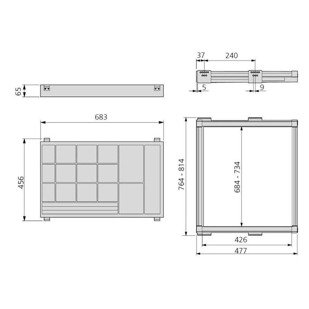 Kit of jewellery drawer and runner frame for Moka wardrobes, soft closing, adjustable, 800mm module, Steel and Aluminium, Moka colour-1