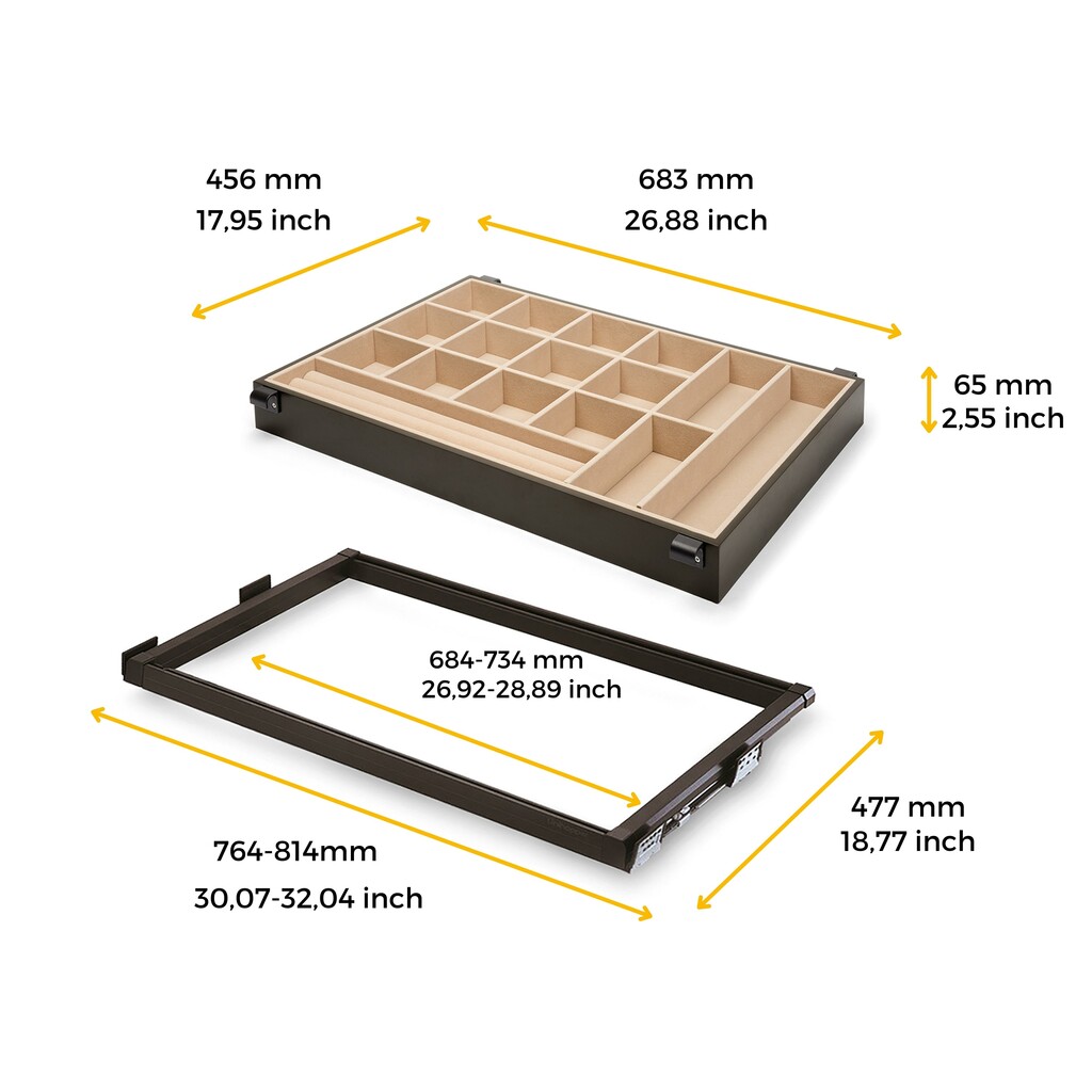 Kit of jewellery drawer and runner frame for Moka wardrobes, soft closing, adjustable, 800mm module, Steel and Aluminium, Moka colour-2