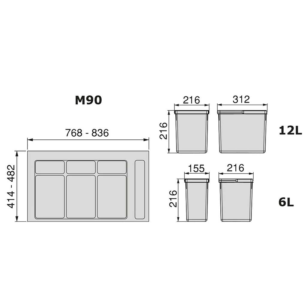 Lot für Küchen-Schubladen-Abfallsammler mit Sockel mit Boden Recycle Höhe 216mm, 2x12Liter, 2x6Liter, Modul 900mm, Kunststoff Anthrazitgrau-1