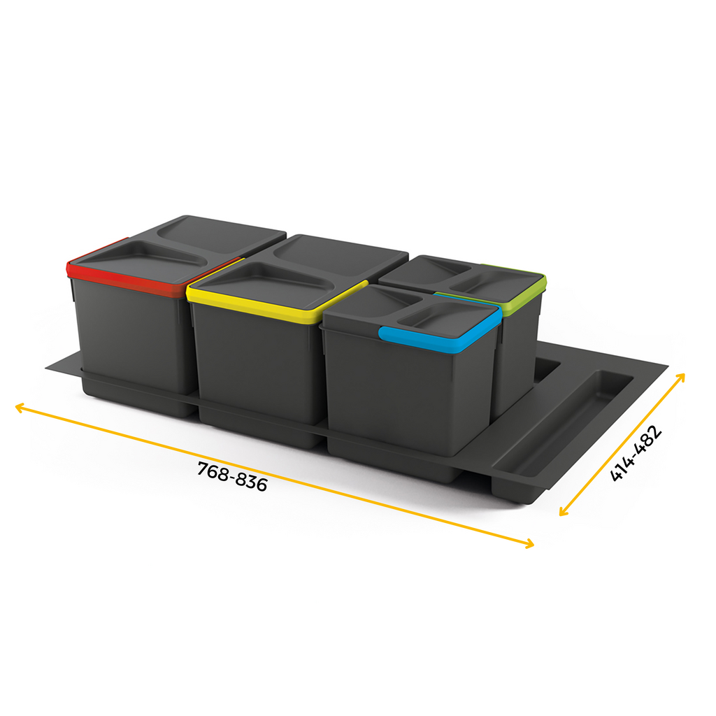 Lot für Küchen-Schubladen-Abfallsammler mit Sockel mit Boden Recycle Höhe 216mm, 2x12Liter, 2x6Liter, Modul 900mm, Kunststoff Anthrazitgrau-2