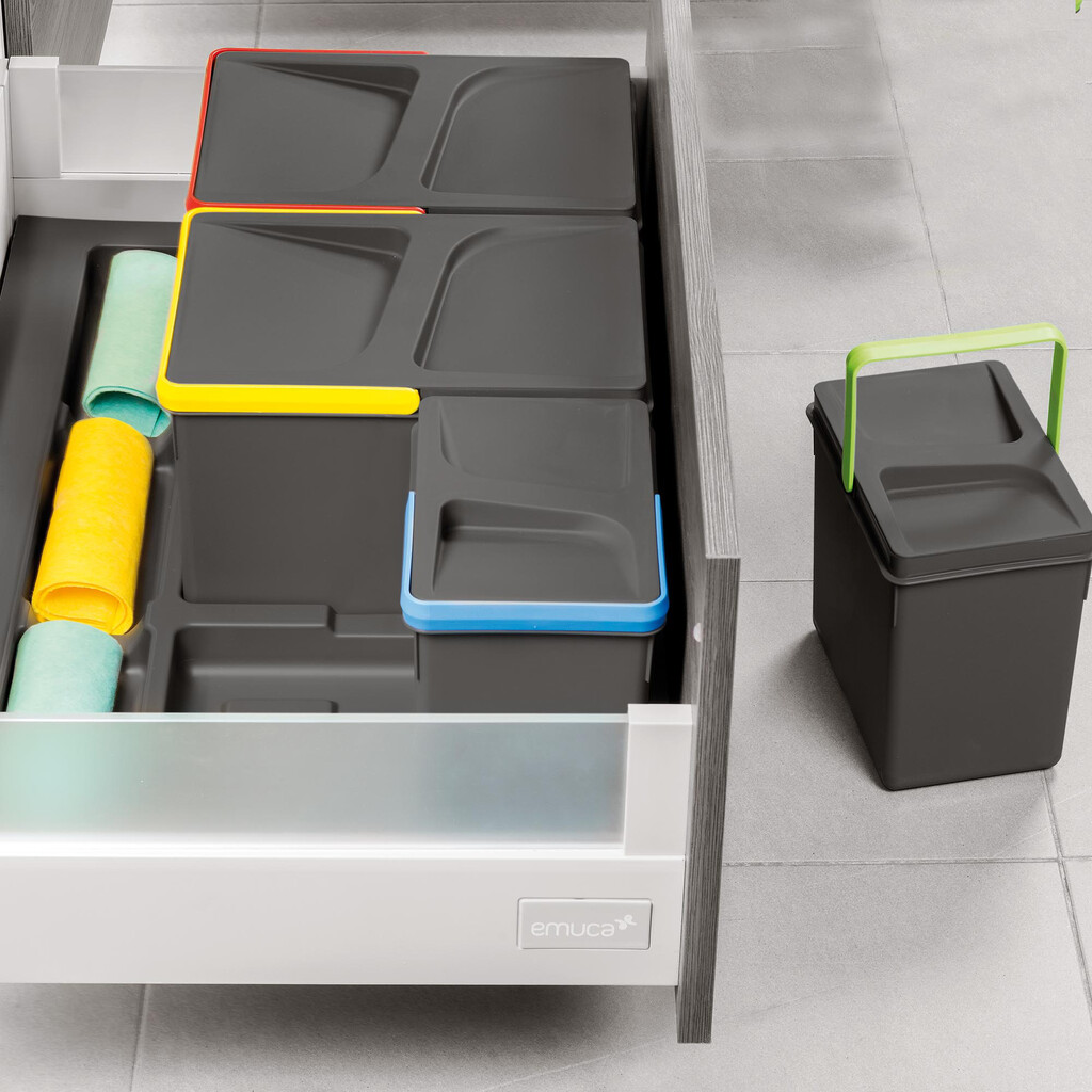 Kit de contenedores de reciclaje para cajón de cocina con base Recycle altura 266mm, 2x15litros, 2x7litros, módulo 900mm, Plástico gris antracita-4