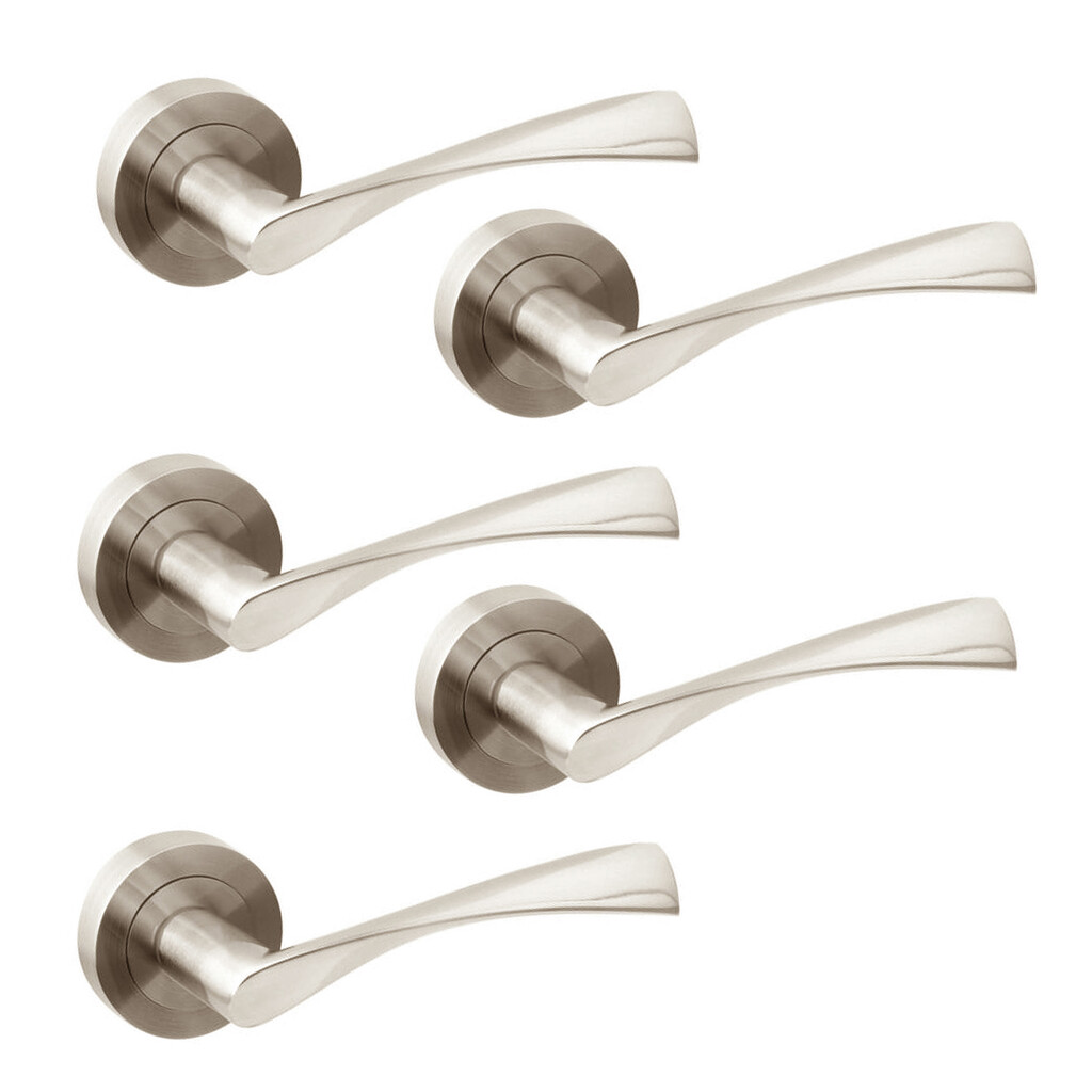 Lot de 5 poignées twist pour portes intérieures, avec rosace D.50mm, Aluminium, Nickel satiné-Primary