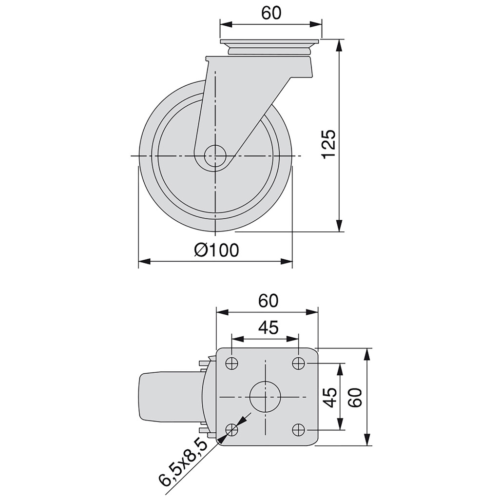Lote de 4 rodas Slip 2 com placa de montagem, diâmetro 100mm, Aço e Plástico, Cinza plástico-1