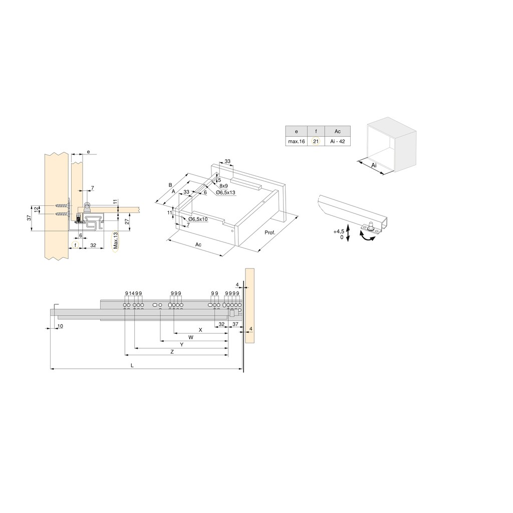 Pair of Concealed runners for drawers Silver, full extension, with push-out, depth 400mm, Steel, Zinc plated-1